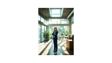 Frau in formeller Kleidung steht im Innenraum mit großen Fenstern und Pflanzen.