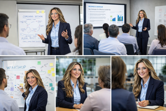 Frauen in Anzug präsentieren in einem Besprechungsraum vor einer Gruppe.